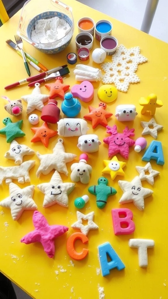A collection of handmade flour crafts including animals and ornaments, with art supplies on a table.